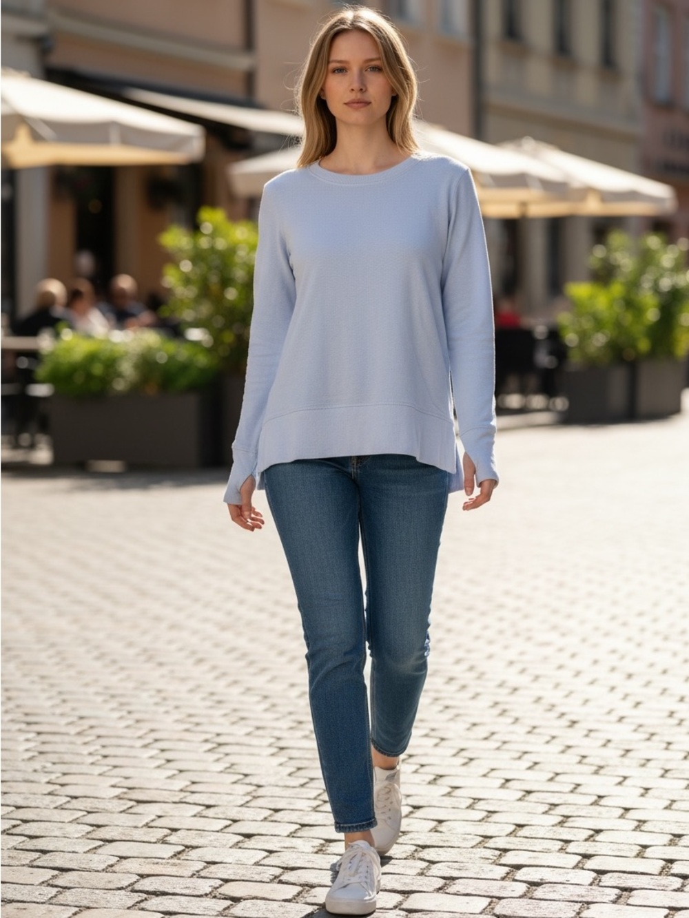 Athleta Pale Blue Crewneck Top Sweatshirt Size XS Thumbholes